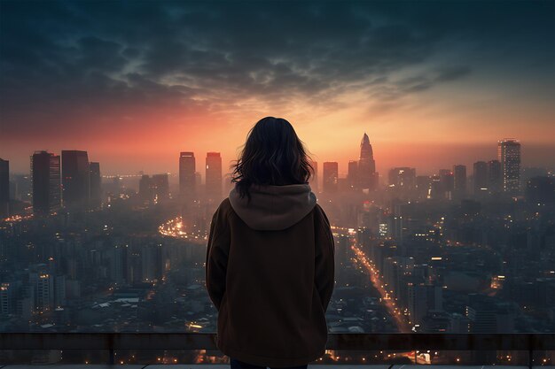 Foto mujer sola fondo de la ciudad