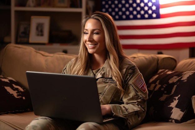 Una mujer soldado patriótica hablando en video con su familia en una computadora portátil