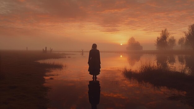 Una mujer solitaria y desconsolada mirando al horizonte en una tarde romántica con cielos rojizos.