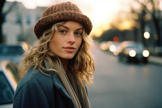una mujer con sombrero y abrigo de pie en la calle
