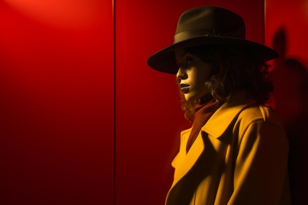 una mujer con un sombrero y un abrigo de pie frente a una pared roja