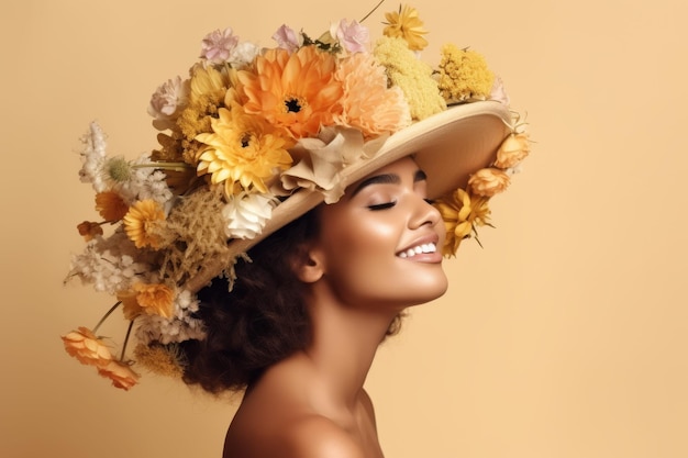 Mujer con sombrero adornado con flores