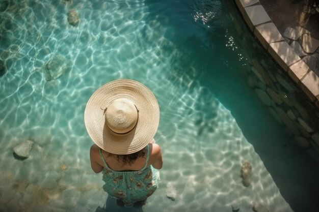 Una mujer con sombrero se para en el agua y mira el agua.