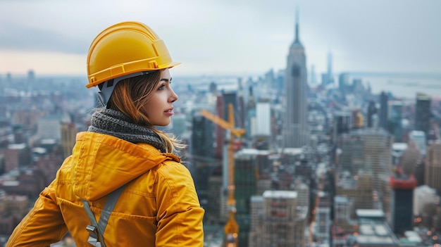 una mujer con un sombrero amarillo duro de pie en un rascacielos con vistas a una ciudad