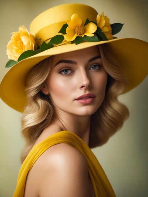 Una mujer con un sombrero amarillo con flores en él