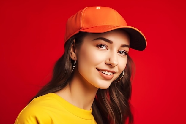 Una mujer con un sombrero amarillo con un fondo rojo.