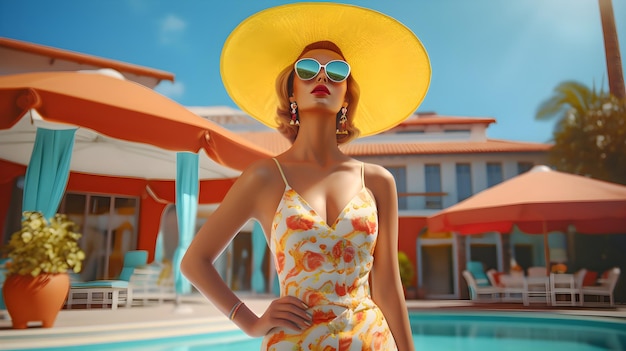 Foto una mujer con un sombrero amarillo se para junto a una piscina y usa un sombrero grande.