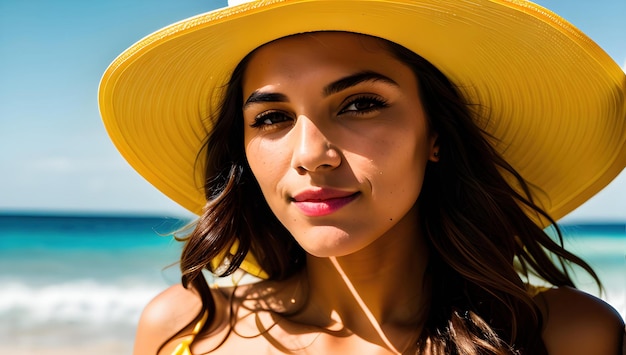 Una mujer con un sombrero amarillo se para en una playa con un sombrero amarillo.