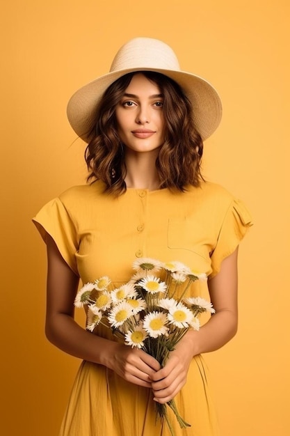 una mujer con un sombrero amarillo sostiene flores frente a un fondo naranja