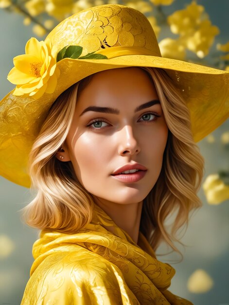 Una mujer con un sombrero amarillo y un vestido amarillo posa para una foto