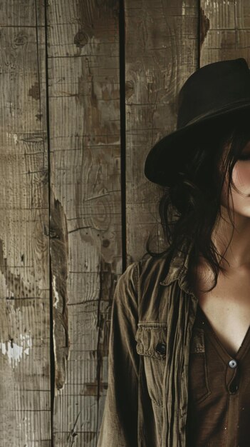 Foto una mujer con un sombrero apoyado contra una pared de madera con un aspecto vintage y grunge