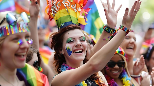 una mujer con un sombrero arco iris se agita hacia la cámara