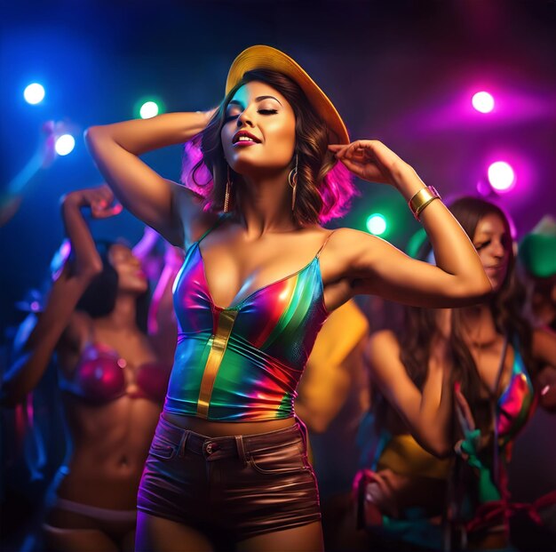 Foto una mujer con un sombrero arco iris está de pie frente a un grupo de personas