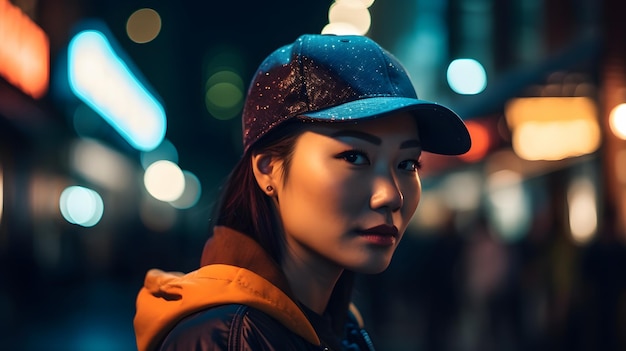 Una mujer con un sombrero azul se para en la calle por la noche.