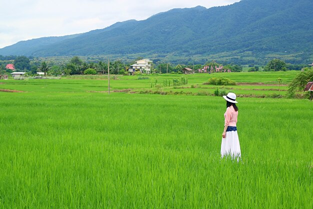 Mujer con sombrero blanco dando un paseo por los campos de arroz verde vivo