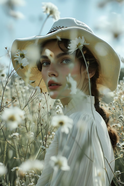 una mujer con un sombrero blanco está de pie en un campo de flores