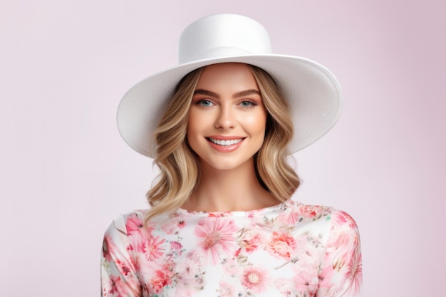 Una mujer con un sombrero blanco con una flor rosa