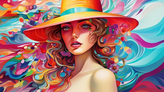 una mujer con sombrero y cabello colorido