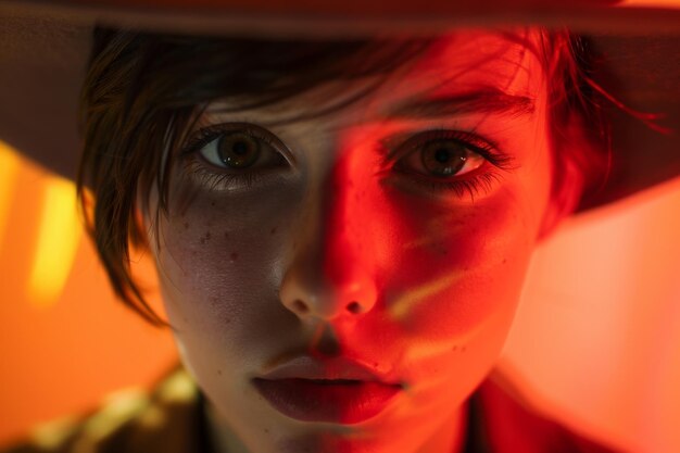 Foto una mujer con un sombrero en la cabeza y un fondo rojo