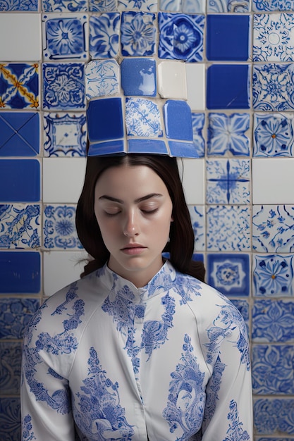 Foto una mujer con un sombrero en la cabeza está de pie frente a una pared de azulejos