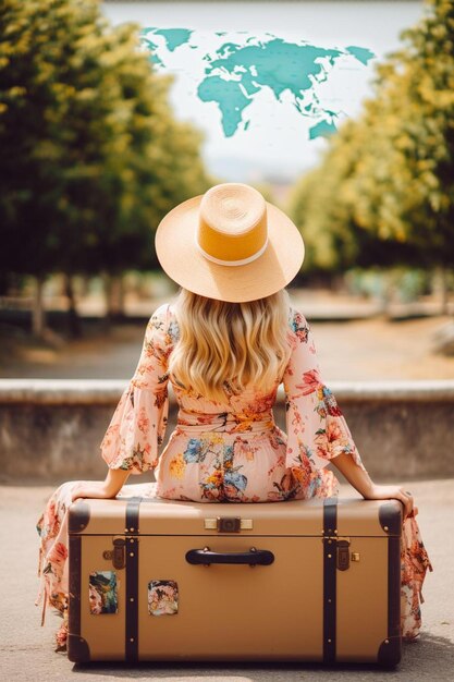 Foto una mujer con un sombrero en la cabeza se sienta en una maleta con el mapa del mundo en la parte superior