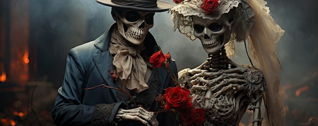 una mujer con sombrero y una calavera con rosas