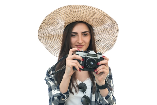 mujer con sombrero, con, cámara, aislado, blanco