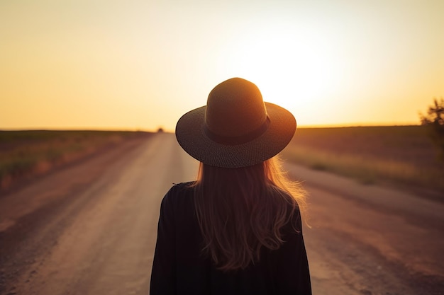 Una mujer con sombrero se para en un camino de tierra mirando el sol.