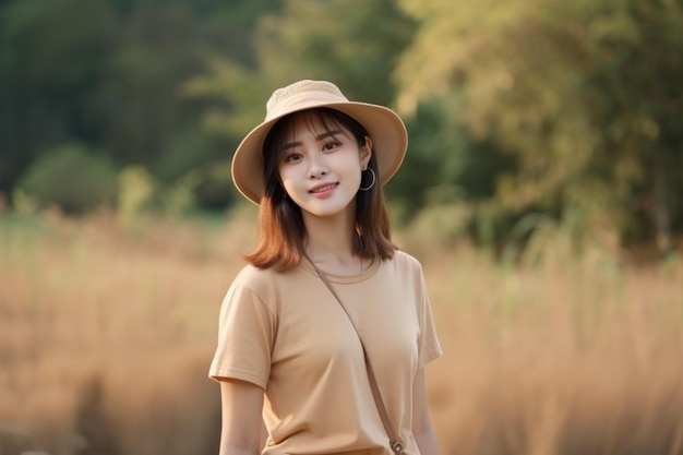 Una mujer con un sombrero y una camisa color canela se para en un campo.