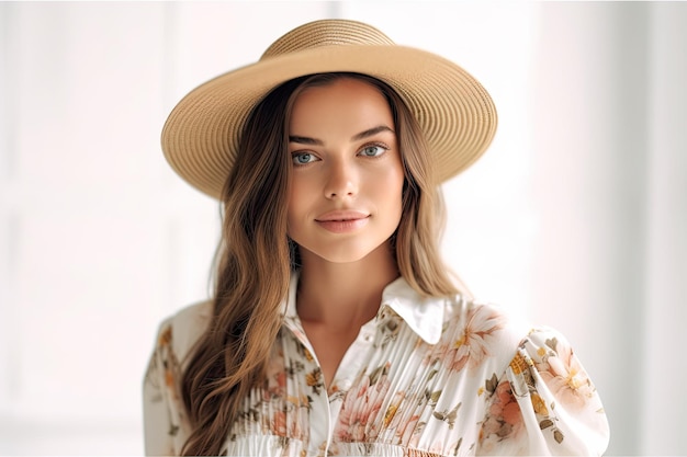 Una mujer con sombrero y camisa de flores.