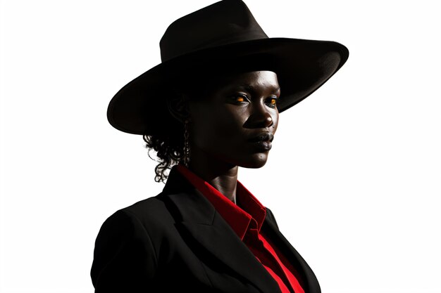 Foto una mujer con un sombrero y una camisa roja