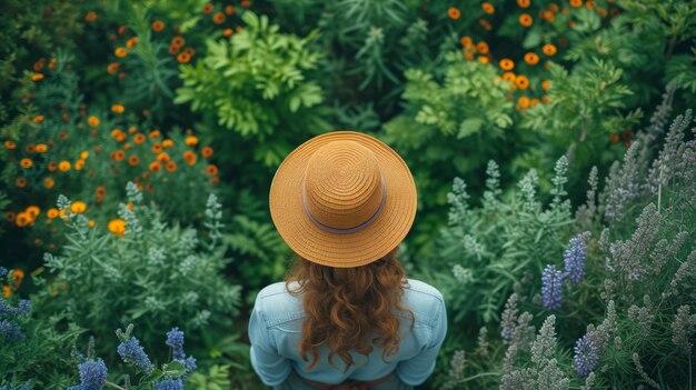 Mujer con sombrero en el campo de flores