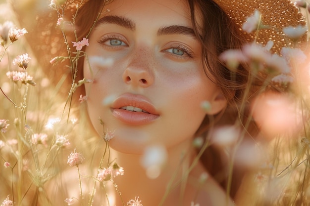 Mujer con sombrero en el campo de flores