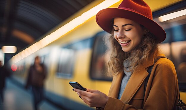 Mujer con sombrero centrada en las esperas telefónicas entre los viajeros en una estación de tren Generación de IA