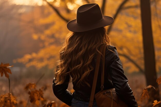 una mujer con sombrero y chaqueta de cuero caminando por un bosque otoñal