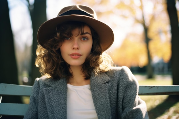 una mujer con sombrero y chaqueta sentada en un banco