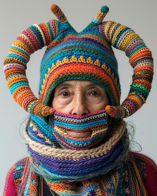 una mujer con un sombrero colorido con un cuerno grande en él