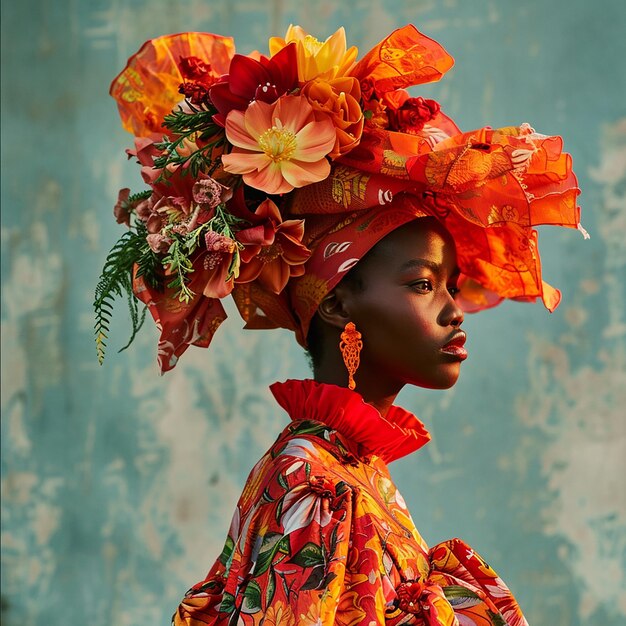 una mujer con un sombrero colorido con flores en él