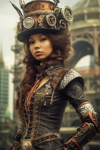 Foto una mujer con un sombrero de copa con la palabra steampunk