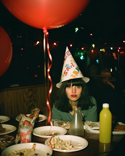 Foto una mujer con un sombrero de cumpleaños se sienta en una mesa con comida y condimentos.