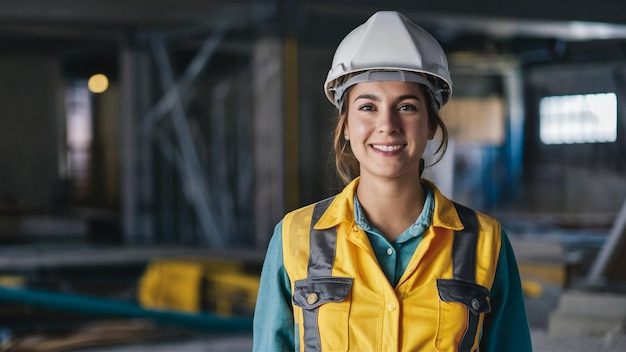 Foto una mujer con un sombrero duro sonríe frente a un chaleco de construcción amarillo