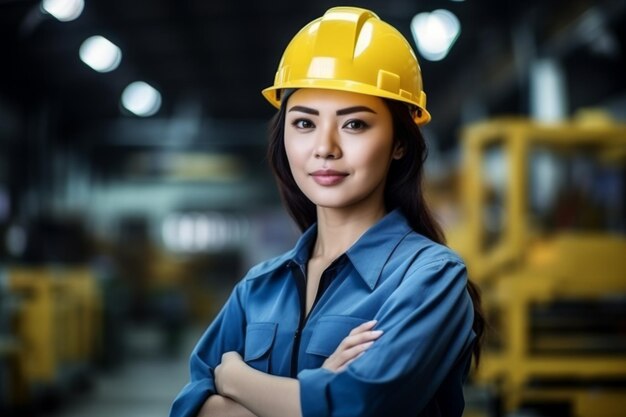 Mujer con sombrero duro trabajando en una fábrica