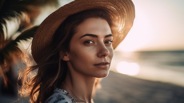 Una mujer con sombrero se encuentra en una playa.