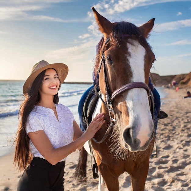 una mujer con un sombrero está acariciando a un caballo en la playa
