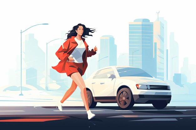 Una mujer con un sombrero está corriendo por la carretera en la ciudad frente a la obra de arte del coche