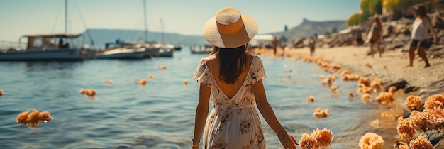 Una mujer con sombrero está parada en el agua con el sol de fondo