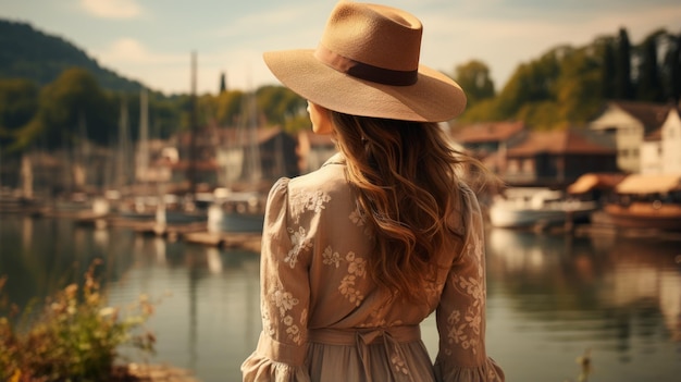 Una mujer con un sombrero está de pie junto al lago y mirando los barcos