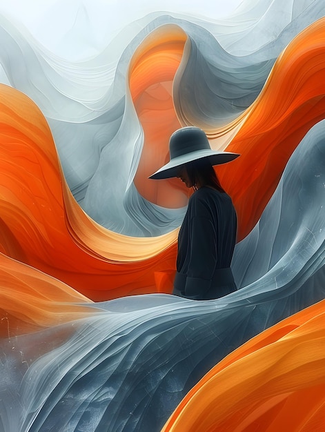 Una mujer con un sombrero está representada en una pintura de un cañón naranja
