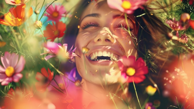 Una mujer con un sombrero está rodeada de flores y sonriendo