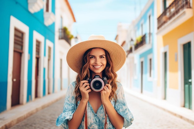 una mujer con un sombrero está tomando una foto de su cámara